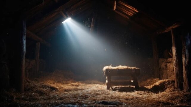 A humble stable, illuminated by a single ray of divine light, houses a manger filled with straw. ..Created with Generative AI, not depicting real subjects.