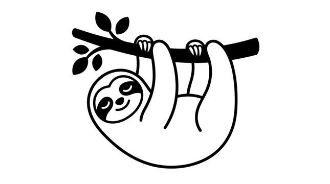 Cute sloth hanging on a tree branch vector illustration in black and white line art style