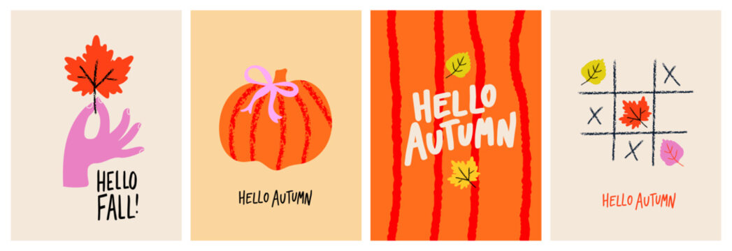 Playful autumn collection with pumpkins, colorful leaves, hand drawn typography and modern doodle illustrations. Seasonal templates for cards, posters, branding, packaging and social media.
