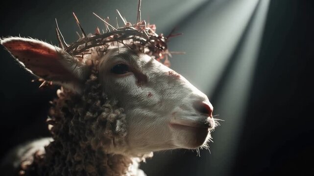 A symbolic image of a lamb wearing a crown of thorns, illuminated by a heavenly spotlight, evoking themes of sacrifice and redemption. ..Created with Generative AI, not depicting real subjects.