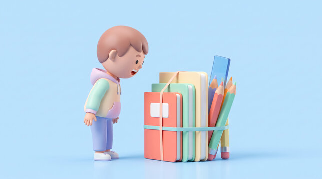Cute 3D cartoon character boy looking excited at a stack of notebooks and colorful pencils