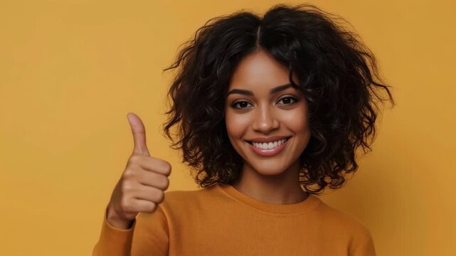 Woman Smile and Thumbs Up with Curly Hair Against Warm Ochre Orange Background