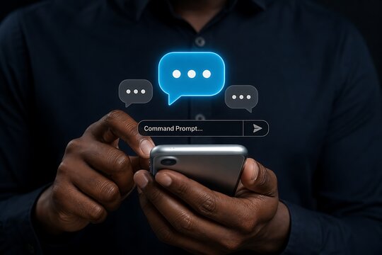 Hands holding smartphone with glowing chat bubble and ellipsis on screen