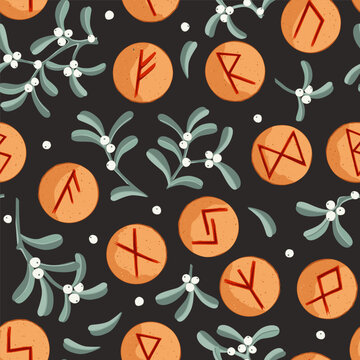 Mistletoe branches and Elder Futhark Viking Rune Cookies Seamless Pattern. Festive pastry with carved runic symbols Christmas background. Vector illustration.