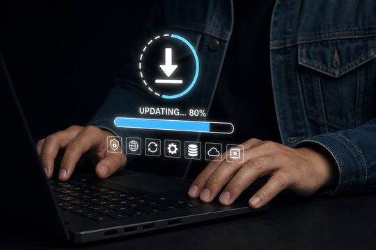 Hands typing on laptop with digital update progress and app icons overlay