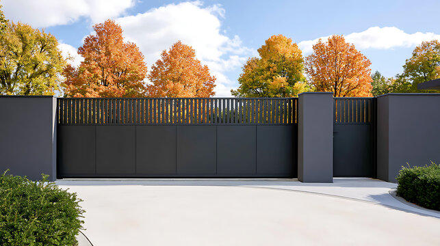 Modern sliding entrance gate and solid privacy wall in front of luxury residential home surrounded by vibrant autumn trees under clear sky
