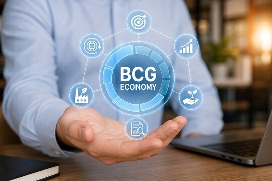 Person holding a holographic bcg economy diagram with icons and text