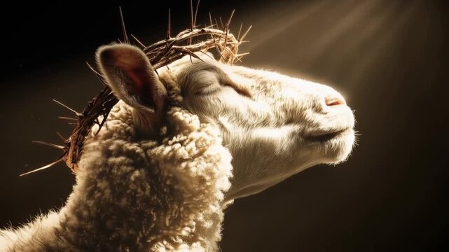 A serene sheep, adorned with a crown of thorns, basks in a divine beam of light, evoking themes of sacrifice and redemption. ..Created with Generative AI, not depicting real subjects.