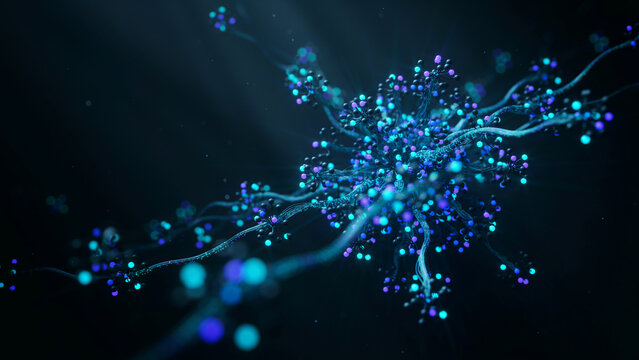 Abstract glowing artificial intelligence digital brain neuron synapse network structure for big data technology