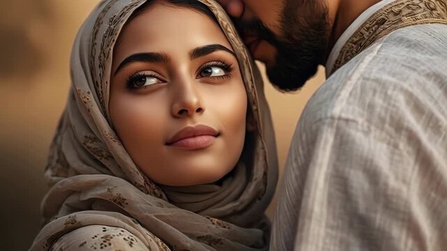 Muslim Couple Sharing Intimate Affection, Peaceful Emotion, Headscarf Woman, Bearded Man Embrace