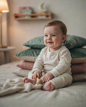 Baby sitting happily on a bed with pillows and holding a wooden toy