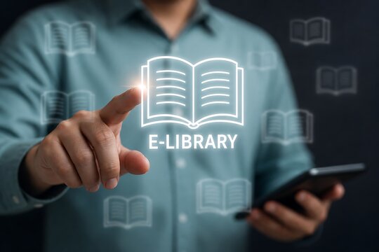 Finger touching floating e-library icon with open books around