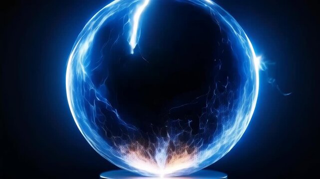 Electric Sphere with Blue Lightning, Glowing Energy, Plasma Arcs on Dark Background