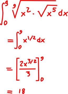 Handwritten step-by-step calculus definite integral math problem solved in red ink on a white isolated background. Visual education illustration concept.