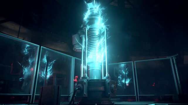 Electrical machine activates with bright arcs in dark industrial laboratory