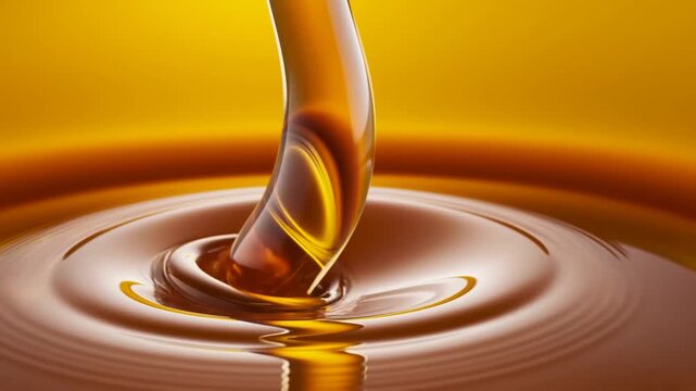 Amber glass object above curved surface in warm orange abstract setting