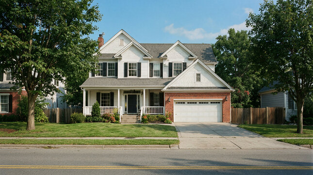 Suburban residence featuring white siding, black shutters, a welcoming front porch, and an attached two-car garage lined by maple trees
