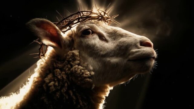 A solemn sheep wearing a crown of thorns stands in a dramatic spotlight, embodying sacrifice and faith. ..Created with Generative AI, not depicting real subjects.