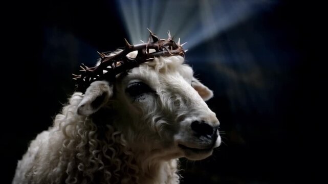 A majestic sheep adorned with a crown of thorns stands as a powerful symbol of sacrifice and redemption, its gaze serene amidst a divine. ..Created with Generative AI, not depicting real subjects.