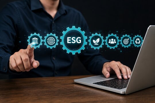 Hand selecting esg icons floating above a laptop in a dimly lit office