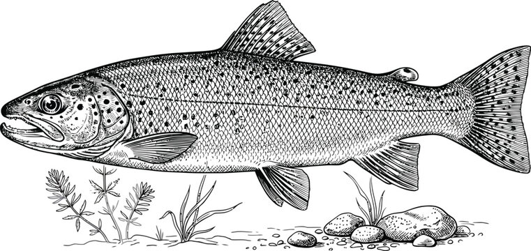Detailed black and white illustration of a speckled trout swimming in water.