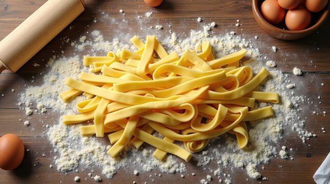 Escena de preparaci&oacute;n culinaria vista desde arriba: masa de pasta fresca cortada en tiras largas directamente sobre una superficie de trabajo de madera