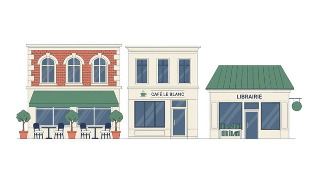 Illustrated set of three classical European style building facades including a bookstore and cafe with detailed architectural features for design projects and layouts.