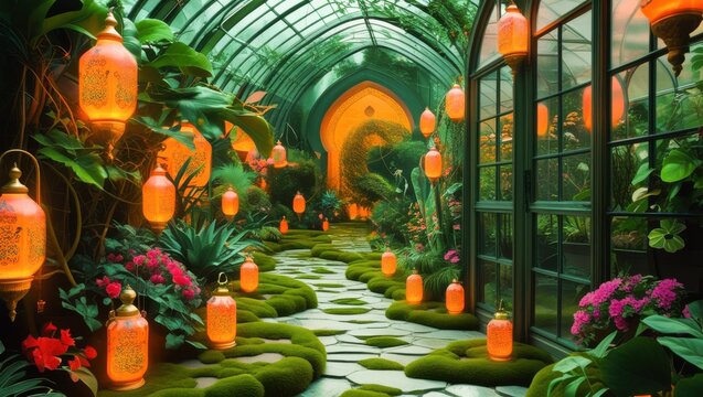 Lush indoor greenhouse garden path decorated with glowing orange Moroccan lanterns and pink flowers