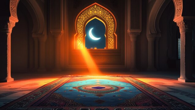 Sunlight beam illuminating prayer rug inside dark mosque room with ornate arch window viewing crescent moon
