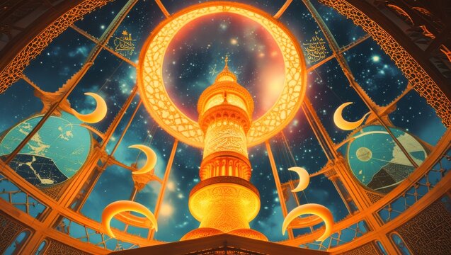 Islamic astronomical dome observatory with glowing golden minaret pillar and crescent moon phases under starry glass ceiling