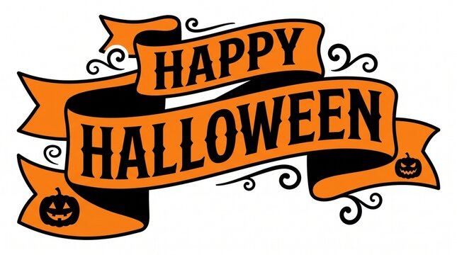 Happy halloween greeting banner with orange ribbon and black spooky pumpkin icons isolated on white background