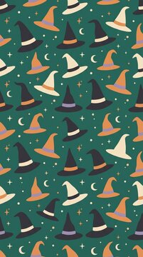 Seamless pattern with witch hats, crescent moons and stars on dark green background for Halloween