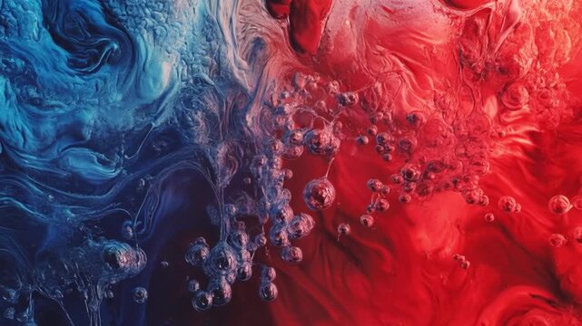 Abstract animation of a surreal microcosm reminiscent of complex cellular processes. Conflict between red and blue organic matter. 4K macro vide