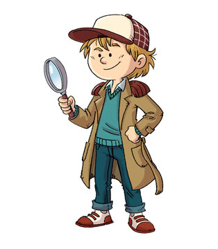 Boy detective with magnifying glass, isolated drawing