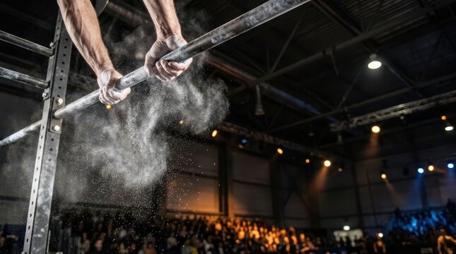 Athlete gripping a horizontal bar with chalk dust flying in a dark gym, preparing for a calisthenics or gymnastics competition, demonstrating strength and focus