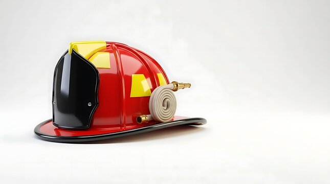 Red firefighter helmet with fire hose on white background.
