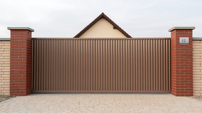 Modern automatic metal sliding gate with brick pillars in front of a residential house property secure barrier entrance exterior design