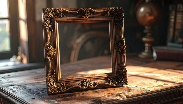 An ornate, vintage picture frame stands empty on a rustic wooden desk bathed in golden sunlight. It evokes feelings of nostalgia and timeless elegance in a cozy study with nobody.