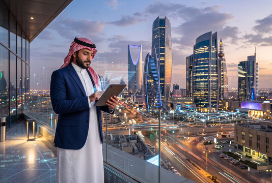 Saudi businessman using a tablet on a modern rooftop overlooking Riyadh, representing digital transformation, technology, business innovation and smart city development.