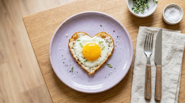 Heart shaped fried egg on a purple plate with salt and herbs, a healthy breakfast served on a wooden table for a romantic morning meal