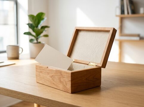 Open Wooden Box with Card on Desk - Natural Light, Warm Grain, Studio Still Life