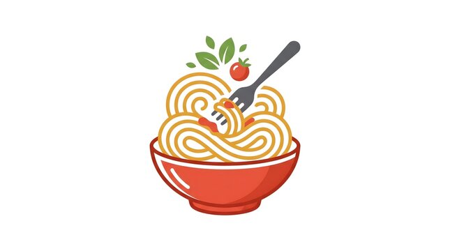 Vector illustration of a delicious spaghetti pasta served in a red bowl with tomato sauce, fresh basil leaves, and a fork, isolated on a white background