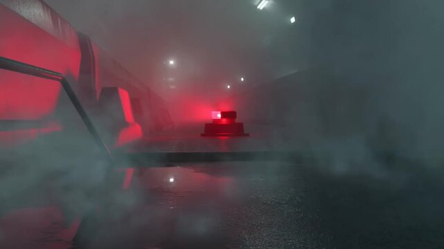 Red warning beacon glows through heavy fog inside a wet industrial facility