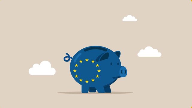 European Union Help. EC Flag Piggy Bank with coin and text. Business animation video
