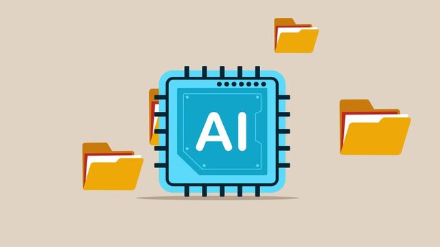 Artificial intelligence chip with folders. Online documentation database and process automation to efficiently manage files. Technology animation video