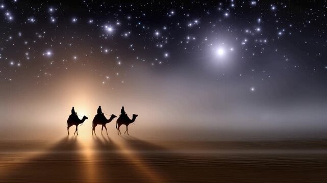 Three wise men on camels traverse a desert landscape under a star-studded night sky, guided by a radiant star. ..Created with Generative AI, not depicting real subjects.