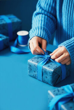 Person wrapping a gift with blue ribbon