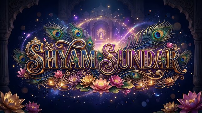 Shyam sundar religious typography with peacock feathers