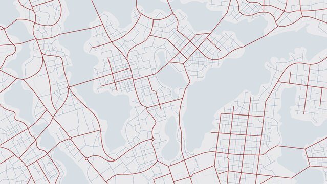 Crimson roads crisscross pale gray urban blocks bordering irregular water body edges, top down composition