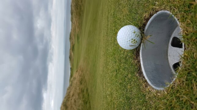 Golf Success. Golf ball resting on the edge of the hole at a links course, coastal fairway background, professional sports achievement and tournament victory.
